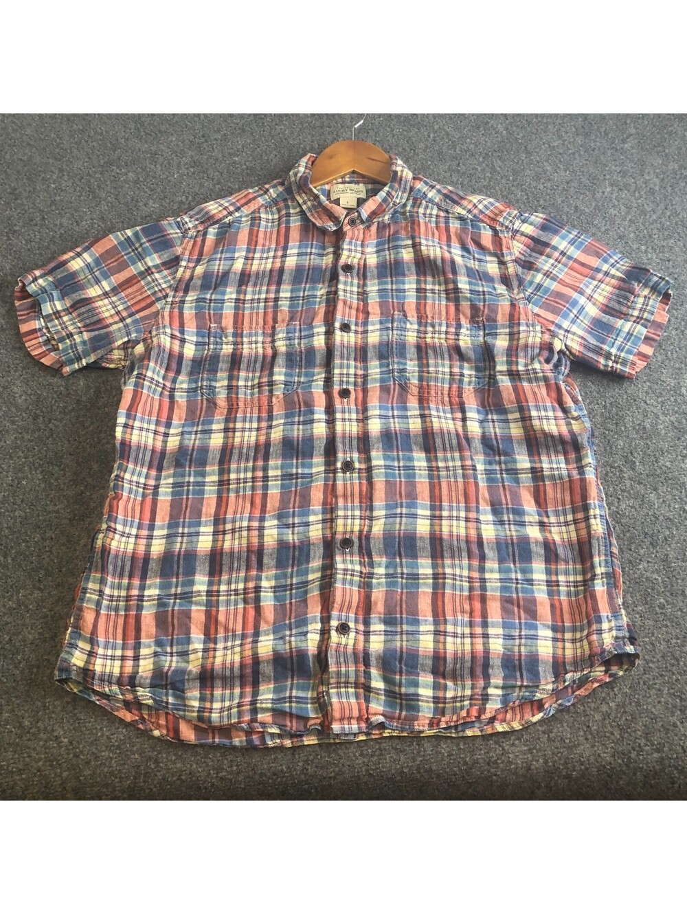 Lucky Brand Button Shirt Mens Large Indian Madras 100% Linen Button Short Sleeve